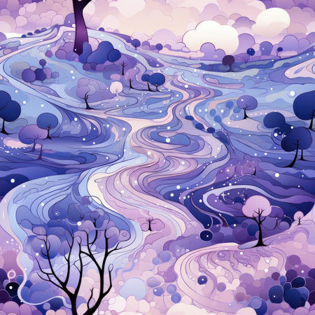 Purple watercolor landscape with whimsical details (tiled)の素材