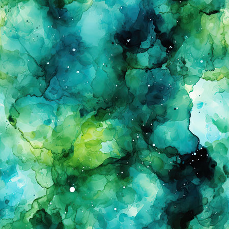Watercolor background with stars and green water resembling deep space (tiled)の素材