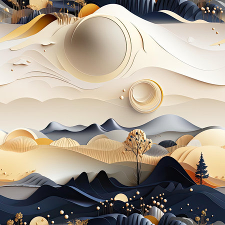 Abstract landscape paper cut design with vivid colors and detailed illustrations (tiled)の素材