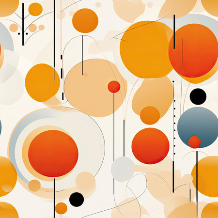 Mid-century inspired pattern with geometric shapes and vibrant circles on a beige backgroundの素材