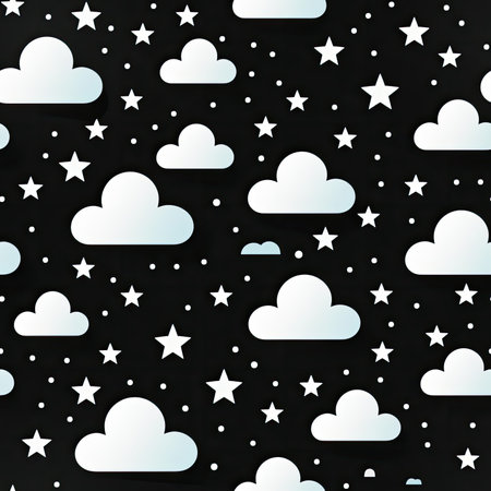 Dreamy clouds and stars in a monochromatic pattern on a black background (tiled)の素材