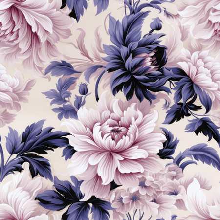 Colorful wallpaper pattern with pink and blue floral elements influenced by ancient Chinese artの素材