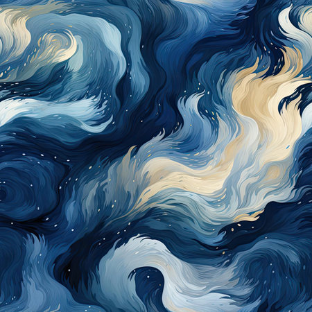 Hypnotic blue and yellow wave abstract painting with dreamlike illustrations (tiled)の素材