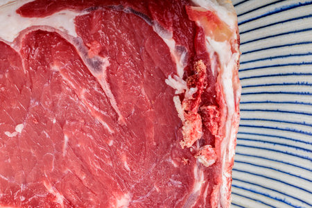 Raw beef rib steak detail on a striped ceramic plate.