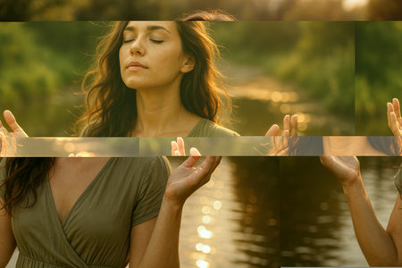 Peaceful woman absorbs golden light in wild river nature scene. AI-generated.の素材