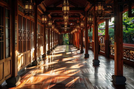 Traditional Asian corridor with wooden architecture and warm lanterns. AI-generated.の素材