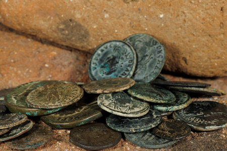 Detail of ancient Roman coins on bricks.の写真素材