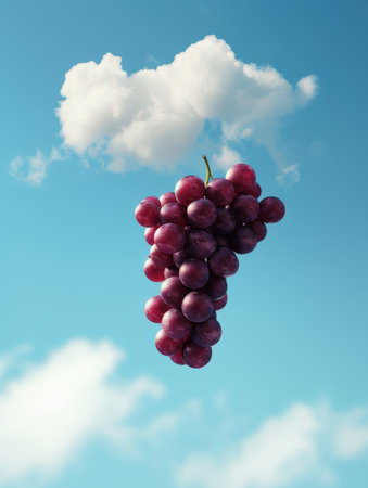 Cluster of purple grapes floating in sky with clouds. AI-generated.の素材