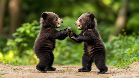 Image of two bear cubs playing in meadow at sunset. AI-generated.の素材