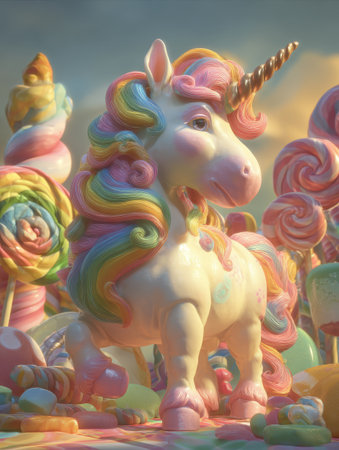Chubby unicorn in candyland with rainbow mane and golden horn. AI-generated.の素材