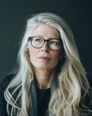 Elegant grey-haired woman with glasses in soft studio lighting. AI-generated.の素材