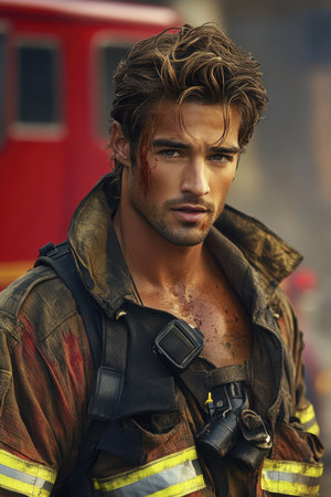 Rugged firefighter with sooty gear and bloodied face looks determined on scene. AI-generated.の素材