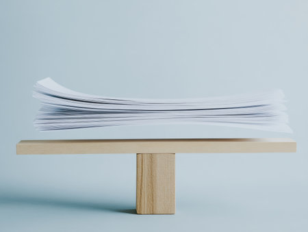 Stack of financial papers balanced on wood support. AI-generated.の素材