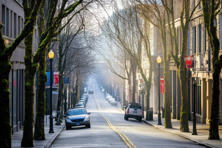 Urban street with moss-covered trees in winter. AI-generated.の素材