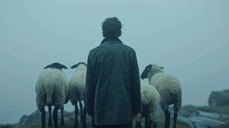 Man herding sheep in a foggy rural landscape. AI-generated.の素材