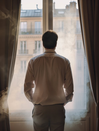 Man in white shirt looking out a foggy window. AI-generated.の素材