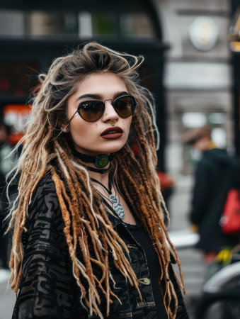 Young woman with dreadlocks and piercings in street. AI-generated.の素材