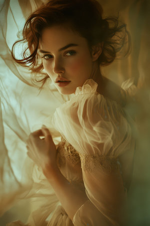 Close-up fashion portrait of a female model with vibrant blue makeup. AI-generated.の素材