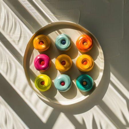 Top-down view of a plate with colorful donuts. AI-generated.の素材