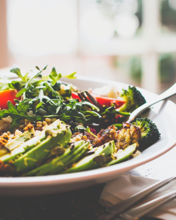 Healthy salad bowl with avocado, grains and vegetables. AI-generated.の素材