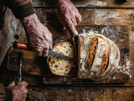 Elderly hands slice rustic sourdough loaf on wooden board. AI-generated.の素材