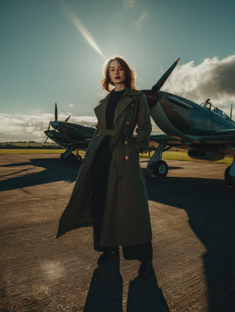Woman in trench coat beside vintage fighter plane. AI-generated.の素材