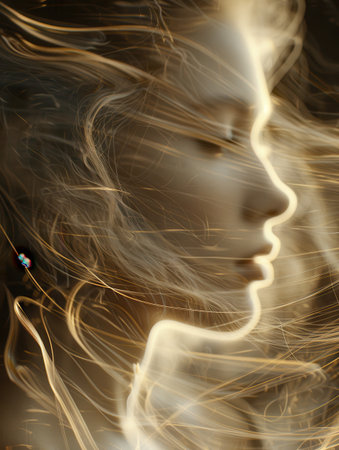 Ethereal profile of a woman with flowing golden light trails. AI-generated.の素材