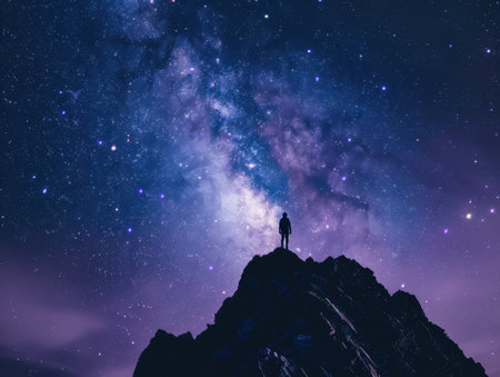 Silhouette of person on peak under starry sky. AI-generated.の素材