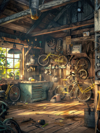 Small bicycle repair workshop indoors. AI-generated.の素材