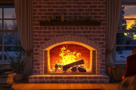 Photorealistic view from inside a fireplace looking out to a cozy room. AI-generated.の素材