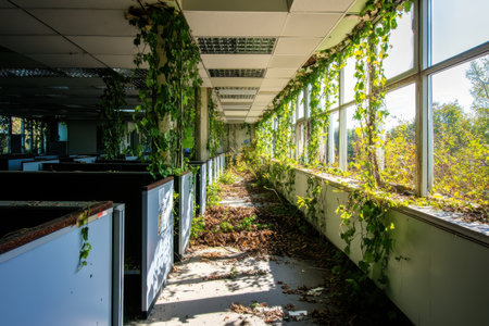 Abandoned office overtaken by nature with vines and plants. AI-generated.の素材
