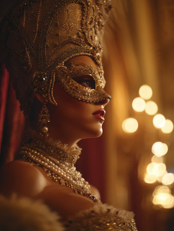 Baroque portrait of a queen wearing golden mask and pearls. AI-generated.の素材