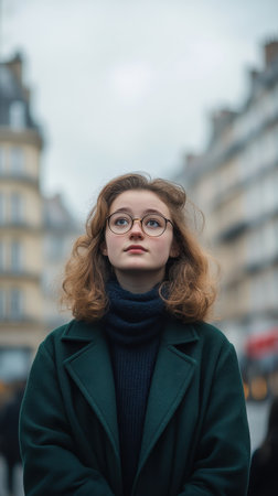 Realistic portrait of a young woman standing in city street. AI-generated.の素材