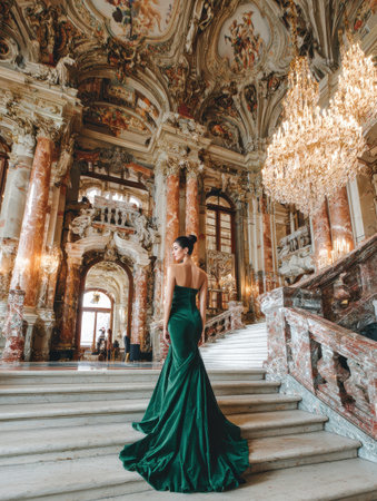 Elegant woman in green gown standing in palace. AI-generated.の素材