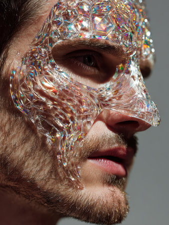 Close-up of man wearing transparent crystal mask. AI-generated.の素材