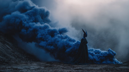 Mysterious horned figure in surreal dark portrait. AI-generated.の素材