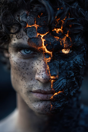 Fantasy portrait of man with cracked lava skin texture, AI-generated.の素材