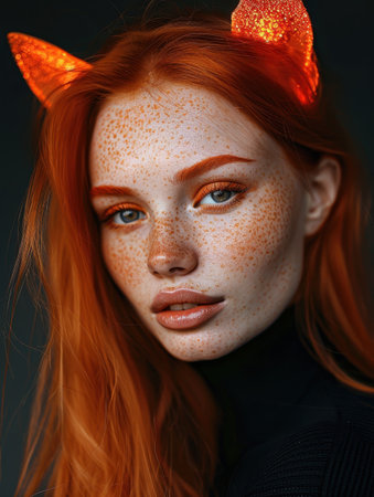 Freckled redhead with glowing ear headband, studio close-up. AI-generated.の素材