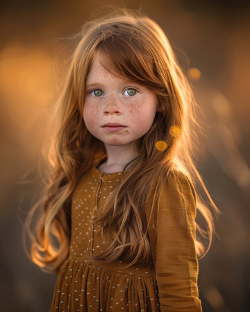 Young redheaded girl at golden hour with soft bokeh. AI-generated.の素材