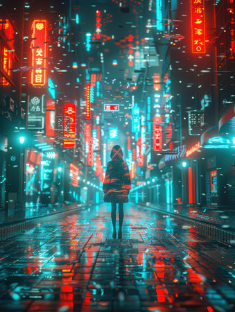 Lone figure in neon-lit rainy street of futuristic city. AI-generated.の素材