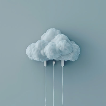 Minimal cloud with plugged cables symbolizing data storage. AI-generated.の素材