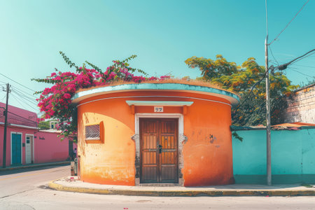 Colorful round house with flowers on rooftop. AI-generated.の素材
