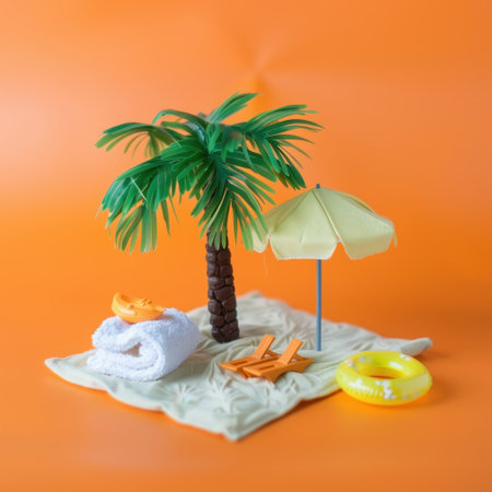 Mini beach setup with palm tree and accessories. AI-generated.の素材