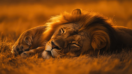 Resting male lion asleep in warm golden light. AI-generated.の素材