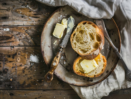 Rustic bread slices with butter and sea salt on plate. AI-generated.の素材