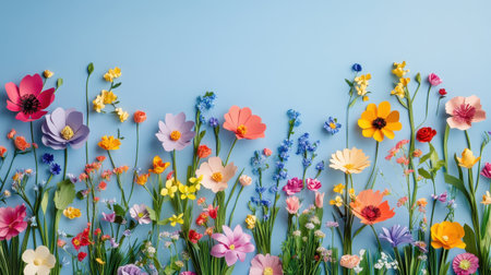 Flat lay of colorful paper flowers arranged on blue background. AI-generated.の素材