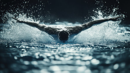 A swimmer performs the butterfly stroke with water splashes in a dramatic scene. AI-generated.の素材