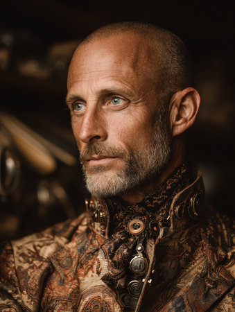 Detailed portrait of a bald man wearing ornate clothing in a dramatic light. AI-generated.の素材