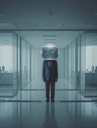 Surreal businessman standing in office corridor with aquarium head. AI-generated.の素材