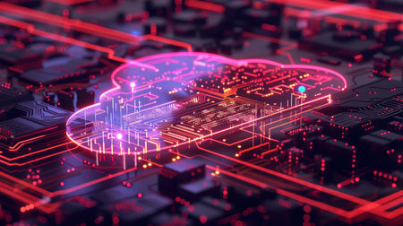 Glowing digital cloud icon built from electronic circuit patterns. AI-generated.の素材